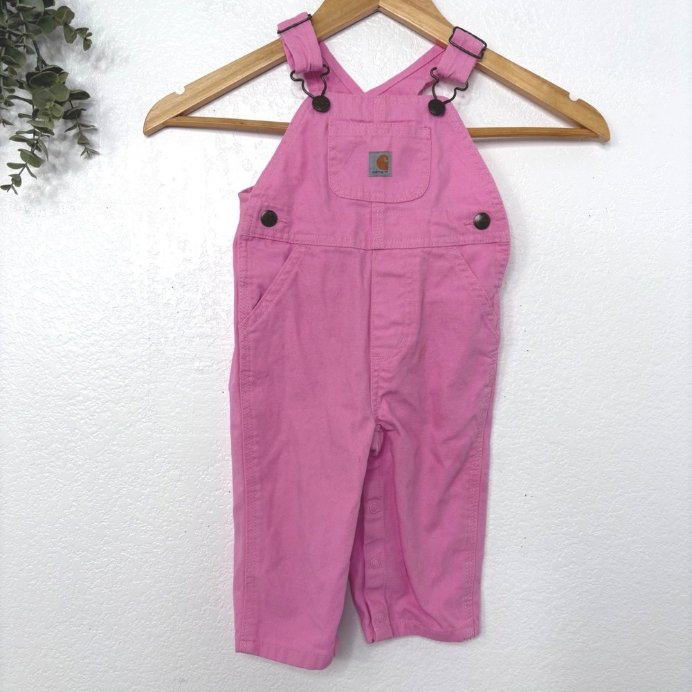 Carhartt Pink Canvas Bib Overalls Baby Girls 9M Heart‎ Hardware Snap Crotch